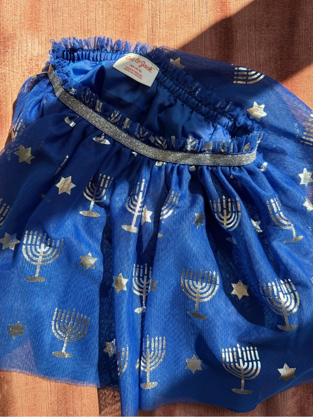 Cat & Jack Blue Tulle Skirt with Silver Menorah & Star Print